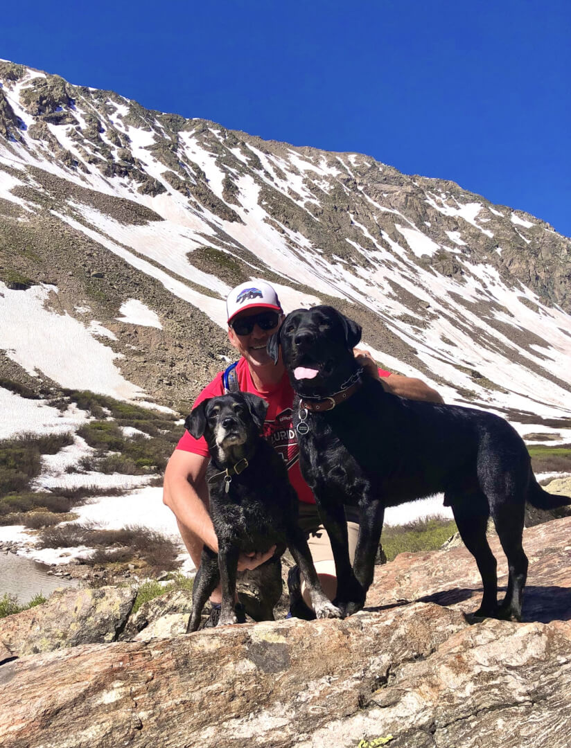 Scott Haisch with our dogs Husker and Fergie in Telluride